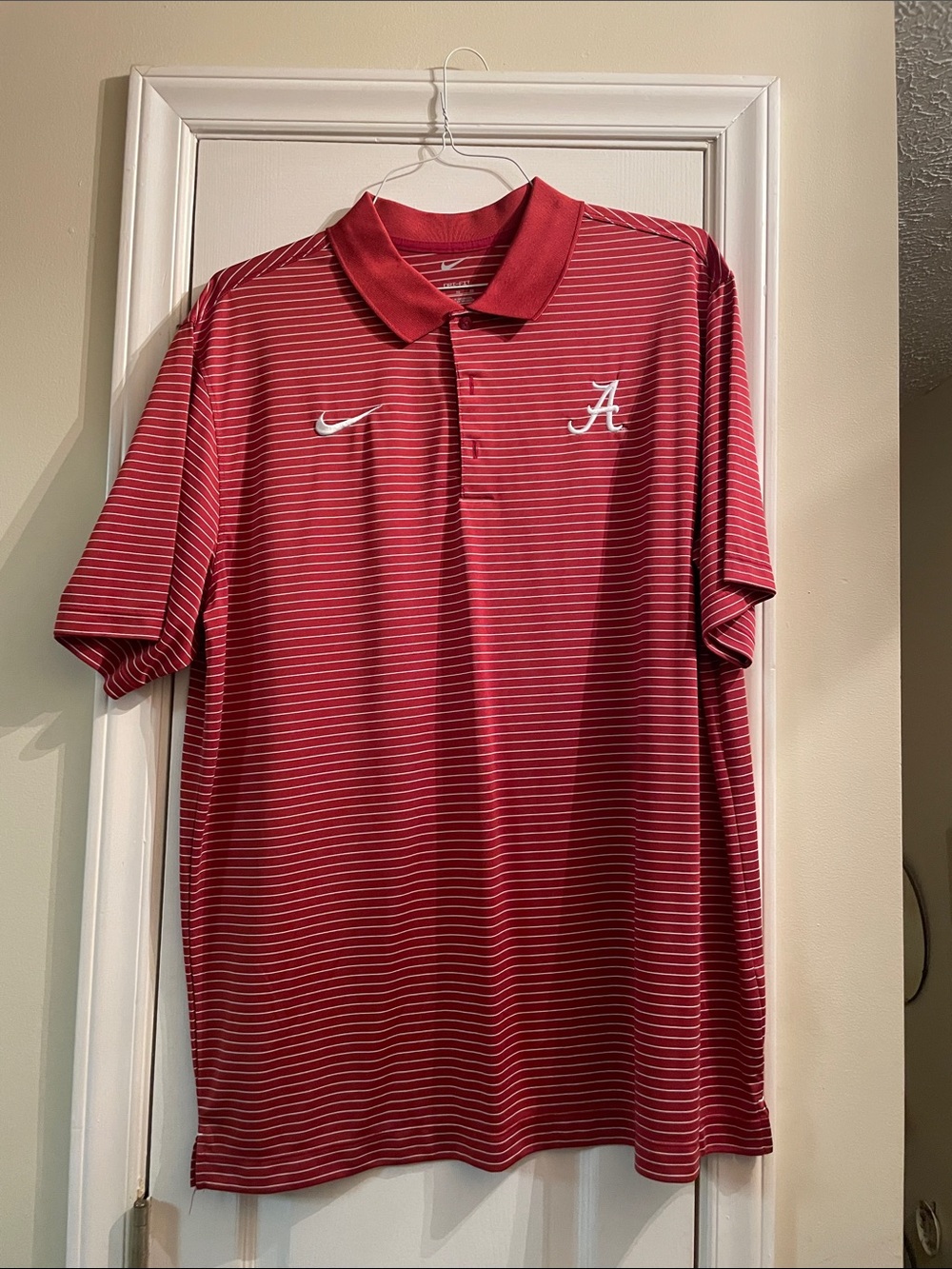 Nike Men's Crimson Striped Polo with Alabama 'A' Logo